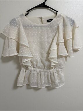 Express Cream Swiss Dot Ruffle Peplum Top